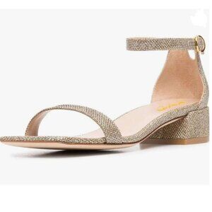 XYD Tan Glitter Open Toe Ankle Strap Buckled Low Chunky Heel Dress Sandal